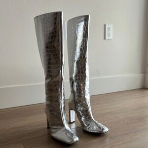Zara Silver Croc-Embossed Heeled Boots